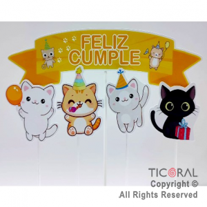 ADORNO PINCHE PARA TORTA FELIZ CUMPLE GATITOS x 5 UNIDADES